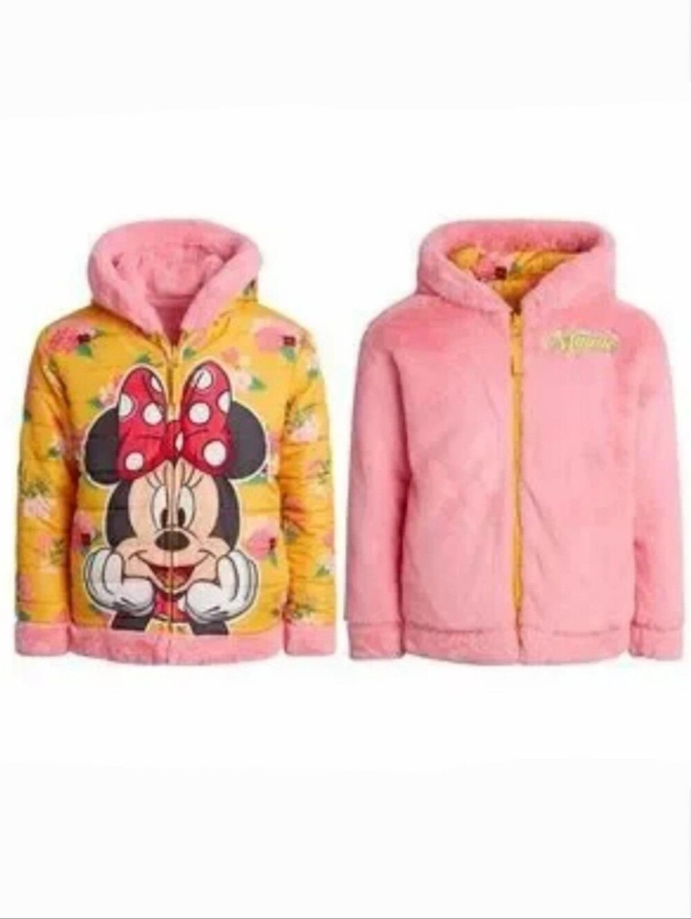 Disney "Minnie Mouse" Reversible Zip Up Hood Jacket Pink Faux Fur Pocket Size 4T